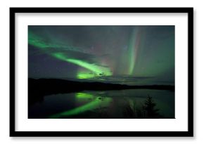 Stars and Northern Lights over dark Road at Lake