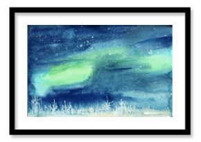 Winter landscape with snowy pine forest and aurora starry sky. Watercolor painting.