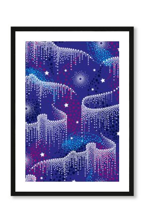Vector seamless pattern with white dotted swirls of northern or polar light and stars on the background in dark blue and pink. Aurora borealis lights in dotwork style for space and galaxy design. 