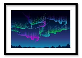 Vector panorama of Polar sky with color northern or polar light. Night landscape with dotted swirls of Aurora borealis lights in dotwork style on the dark background for space or galaxy design. 