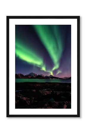 Night winter landscape with Northern lights, Aurora borealis. Scenery view of the Lofoten Islands, Norway. Vertical image