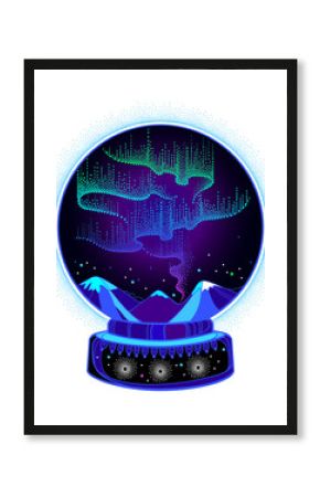 Vector dotted swirls of color northern or polar light in the snow globe. Round composition with Aurora borealis lights in dotwork style on the night background for arctic space or galaxy design. 