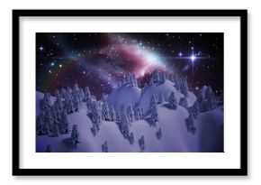 Trees on snow covered mountain with aurora borealis