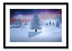 Flat design winter scene is featuring lone pine casting shadow on snowdrifts under aurora lights