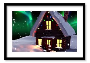 Image of house, snow falling and aurora borealis in christmas winter scenery background