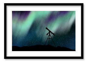 Silhouette telescope under the Aurora Borealis sky