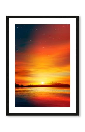 abstract nature background with forest lake and sunset