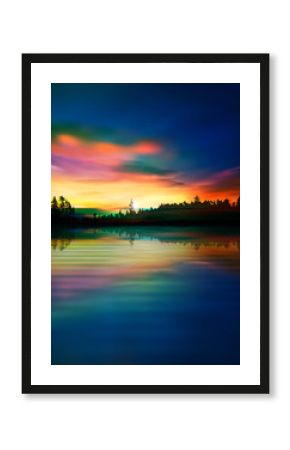 abstract nature blue background with forest lake and sunrise
