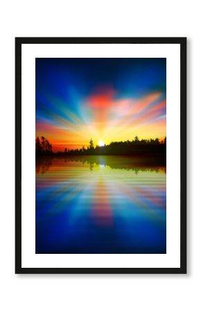 abstract nature blue background with forest lake and sunrise