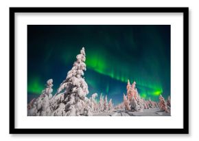 Winter night landscape with forest, road and polar light over the trees. 