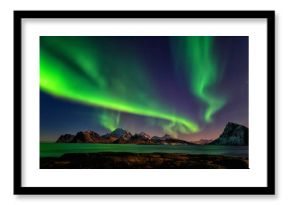Night winter landscape with Northern lights, Aurora borealis. Scenery view of the Lofoten Islands, Norway