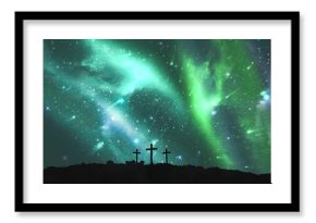 Cross religion symbol shape over sky with aurora borealis
