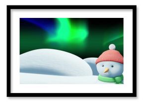Image of christmas snow man moving over aurora borealis on black background
