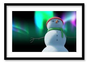 Image of christmas snow man moving over aurora borealis on black background