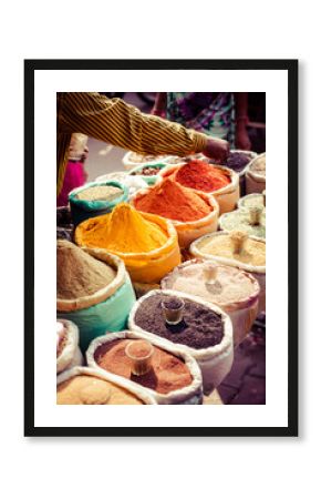 Traditional spices and dry fruits in local bazaar in India.