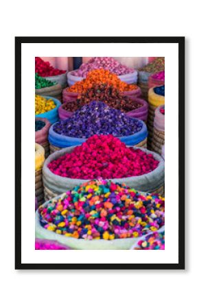 Multicolored dried flowers on sale in the souks of Marrakesh's medina in Morocco