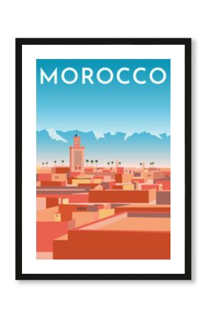 Morocco travel retro poster, vintage banner. Panorama of Marrakech city with red houses, mosque, blue mountains and sky. Hand drawing flat vector illustration.