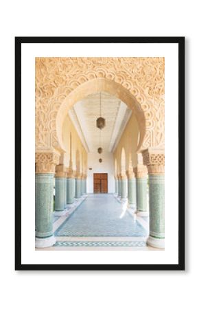 Traditional and typical moroccan architectural details. Mosque in Kenitra, Province West Chrarda Beni Hussein, Morocco. Construction detail, sunny day.