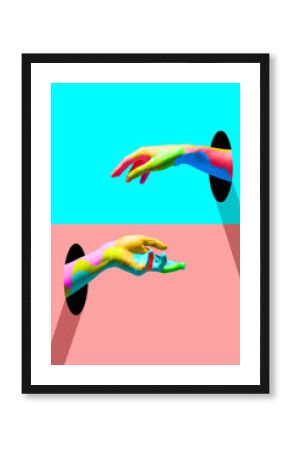 Contemporary art collage, modern design. Party mood. Bright colored hands catching each other.