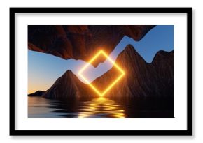 3d rendering, seascape with cliffs, water and yellow neon square geometric shape. Modern minimal abstract background. Spiritual zen wallpaper with sunset or sunrise light