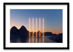 3d rendering. Abstract wallpaper with sunset or sunrise and vertical neon glowing lines. Mystic landscape with rocks and reflection in water