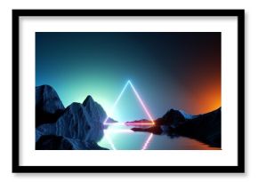 3d render. Abstract neon background with simple geometric shape, surreal landscape, mountains, calm water and glowing triangle. Virtual reality scenery. Fantastic nature wallpaper