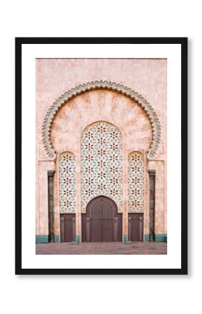 Exterior detail of famous Hassan II Mosque in Casablanca, Morocco, Africa. The Mosque is the largest mosque in Morocco and the third largest mosque in the world.