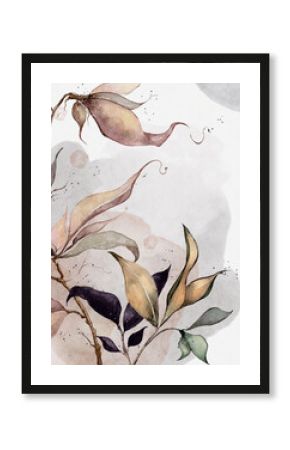 drawing of a branch with leaves and watercolor splashes on a white background