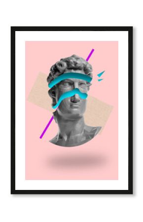 Contemporary art collage with antique statue head in a surreal style.