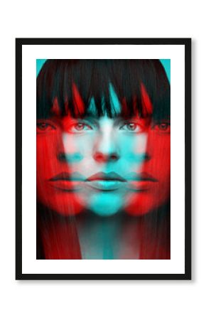 Woman with bob haircut long dark hair close-up fashion portrait in RGB color split. RGB effect make reflection of model face in red and blue colors. Abstract and futuristic looking style