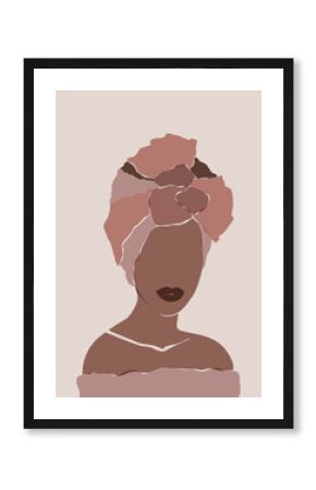 Abstract African woman portrait in minimalistic style. Black women print. Female wall art poster. African model girl of turban head wrap. Tribal beauty lady art. Elegant ethnic sketch template.