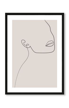 Abstract woman face portrait in minimalistic one line style. Female wall print. Body art poster. Modern model girl sketch template in pastel color.