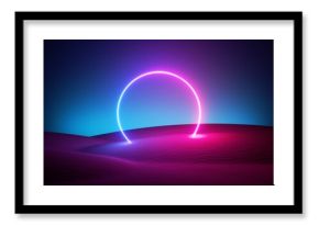 3d render, abstract modern minimal neon background. Glowing round frame with copy space, laser ring in the middle of the empty desert. Futuristic landscape