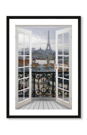 View of the city from the window. Paris, Eiffel Tower. View from the balcony of Paris. Photo wallpapers for the interior.