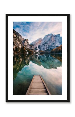 Amazing view of Lago di Braies (Pragser Wildsee), most beautiful lake in South Tirol, Dolomites mountains, Italy. Popular tourist attraction. Beautiful Europe.