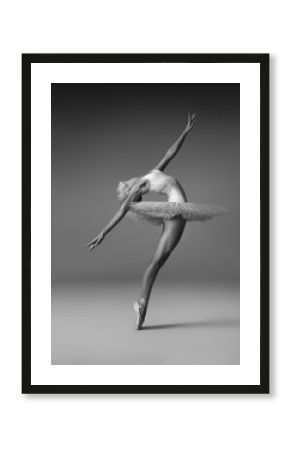Ballerina in a tutu and pointe shoes makes a beautiful pose