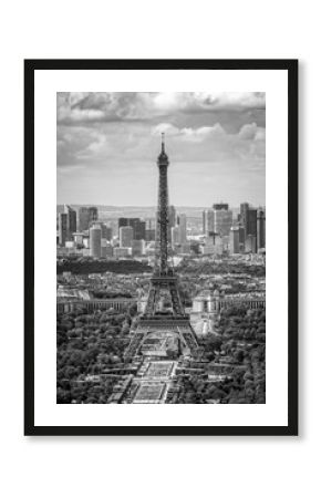 Aerial scenic view of Paris with the Eiffel tower and la Defense business district skyline, black and white