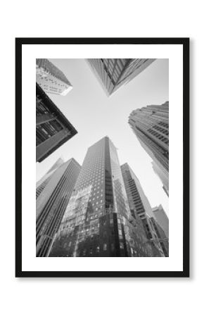 Black and white picture of Manhattan skyscrapers, New York City, USA.