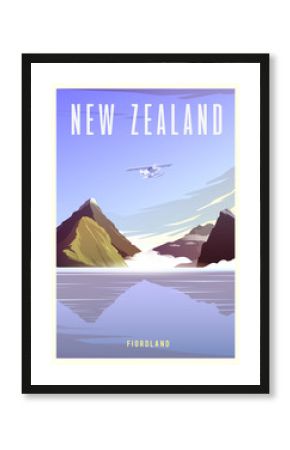 Time to travel. Around the world. Quality vector poster. National park Fiordland.