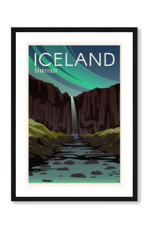 Svartifoss, river. Time to travel. Around the world. Quality vector poster. National park Skaftafell.