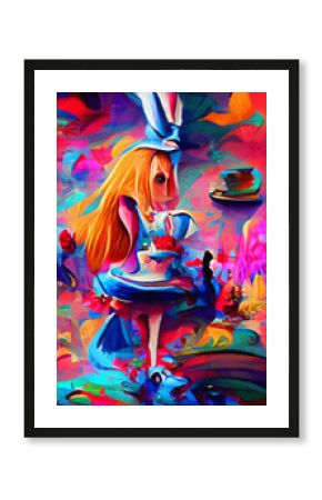 Wall art paining in oil mixed style, stock, contemporary impressionism artwork for sale, vibrant abstract art, colorful brush strokes, print for interior. Alice in wonderland artwork theme, madness