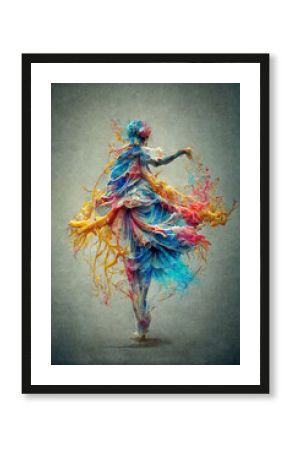 Abstract fantasy ballerina made of colorful paint splashes dancing