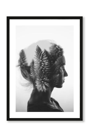 Creative double exposure with portrait of young girl and flowers, monochrome