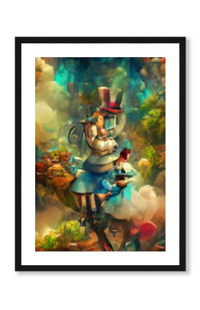 Wall art paining in oil mixed style, stock, contemporary impressionism artwork for sale, vibrant abstract art, colorful brush strokes, print for interior. Alice in wonderland artwork theme, madness