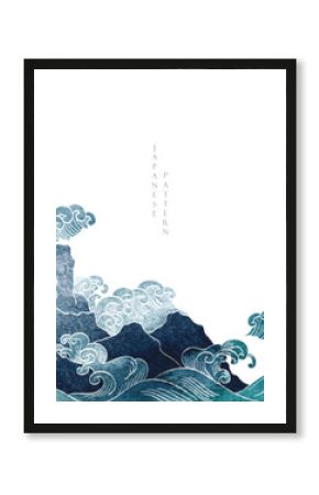 Blue and black texture with Japanese ocean wave pattern in vintage style. Abstract art landscape banner design with watercolor texture vector.