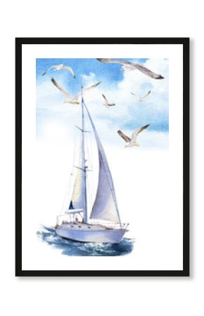 A seascape with a yacht and seagulls flying in a blue sky hand drawn in watercolor isolated on a white background. Watercolor illustration. 
