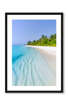 Tropikalna plażowa scena, błękitny morze, drzewka palmowe i biały piasek, wakacje i wakacje tła pojęcie