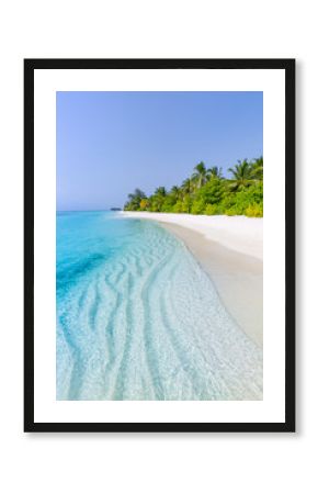 Tropical beach scene, blue sea and palm trees and white sand, summer vacation and holiday background concept