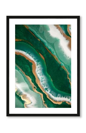 Abstract painting with epoxy resin. Marble streaks of green,white and gold. Abstract modern with streaks liquid background for design,close up.
