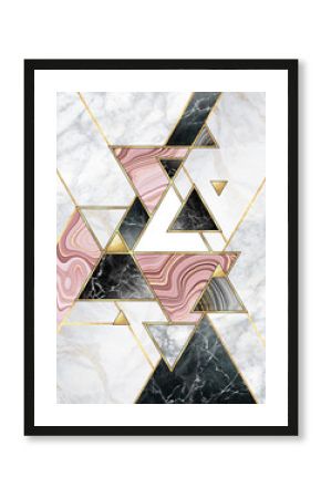 Abstract geometric background. Modern marble mosaic inlay. Black white pink gold triangles. Art deco wallpaper, artificial stone texture.